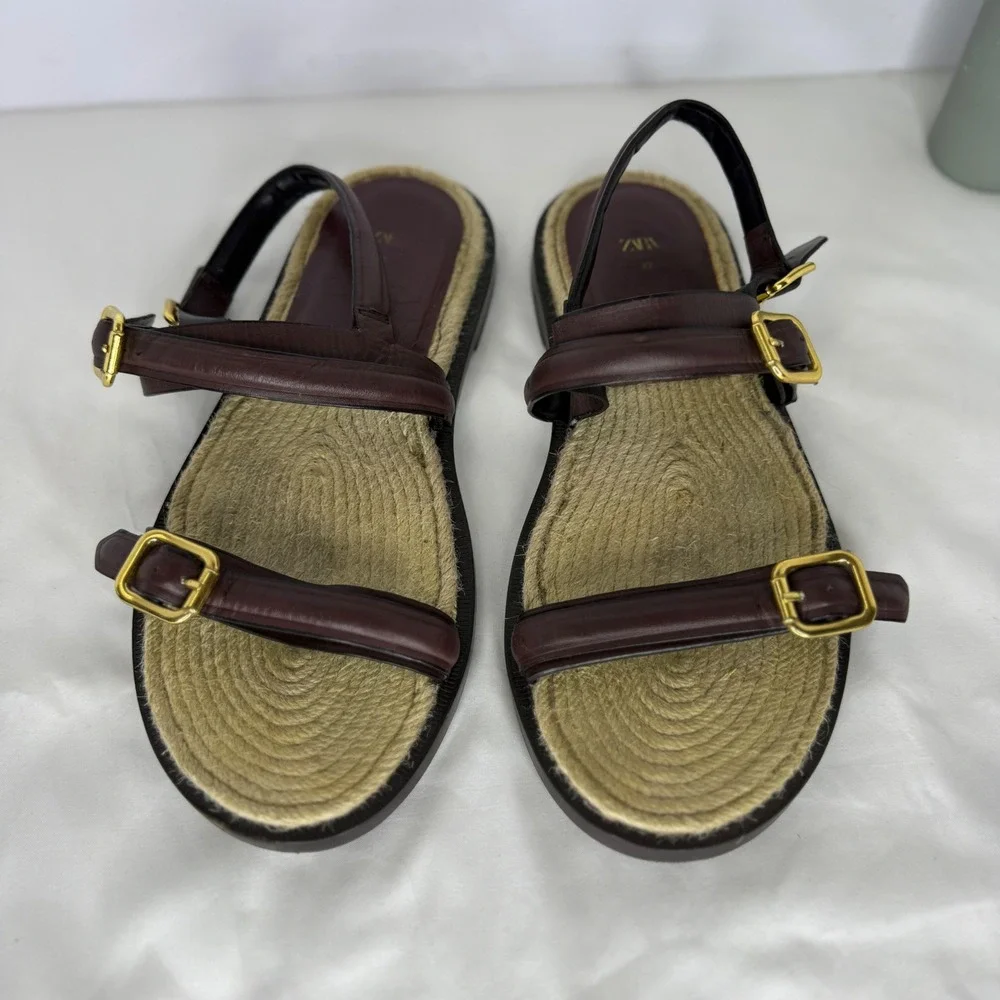 Zara Burgundy Leather Jute Buckle Strappy Flat Sandals Shoes Womens 39 8.5 - Picture 4 of 10